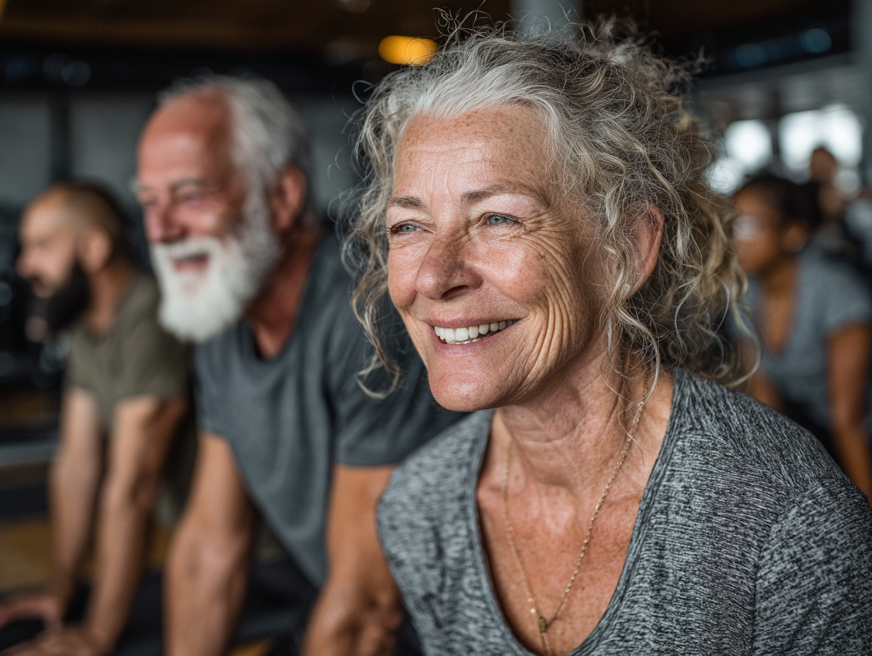 Група людей старшого віку займається йогою на природі